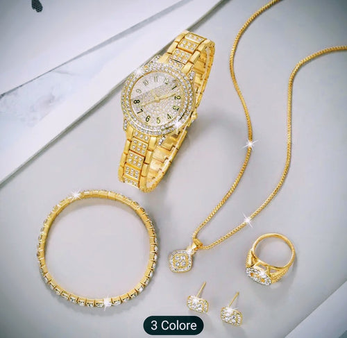 Set da donna: orologio, bracciale, collana, orecchini e anello coordinati. Un tocco di classe